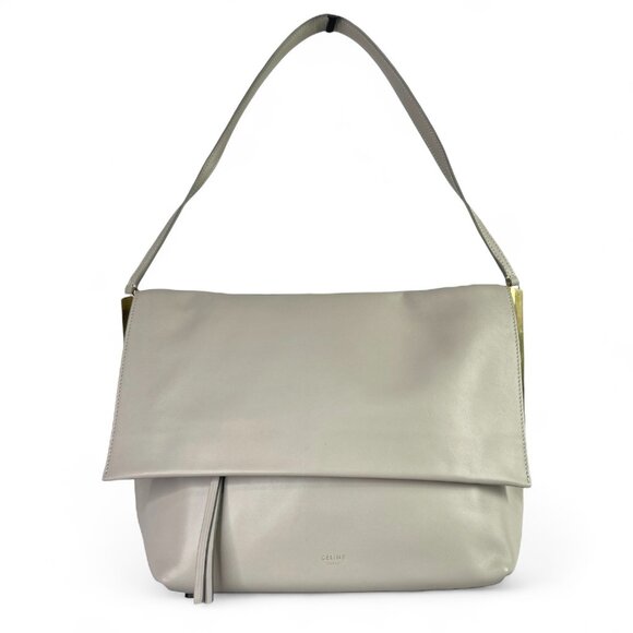 CELINE Clasp Flap Bag Dove Gray Calfskin Leather Shoulder Neutral Italy Handbag - Picture 1 of 16